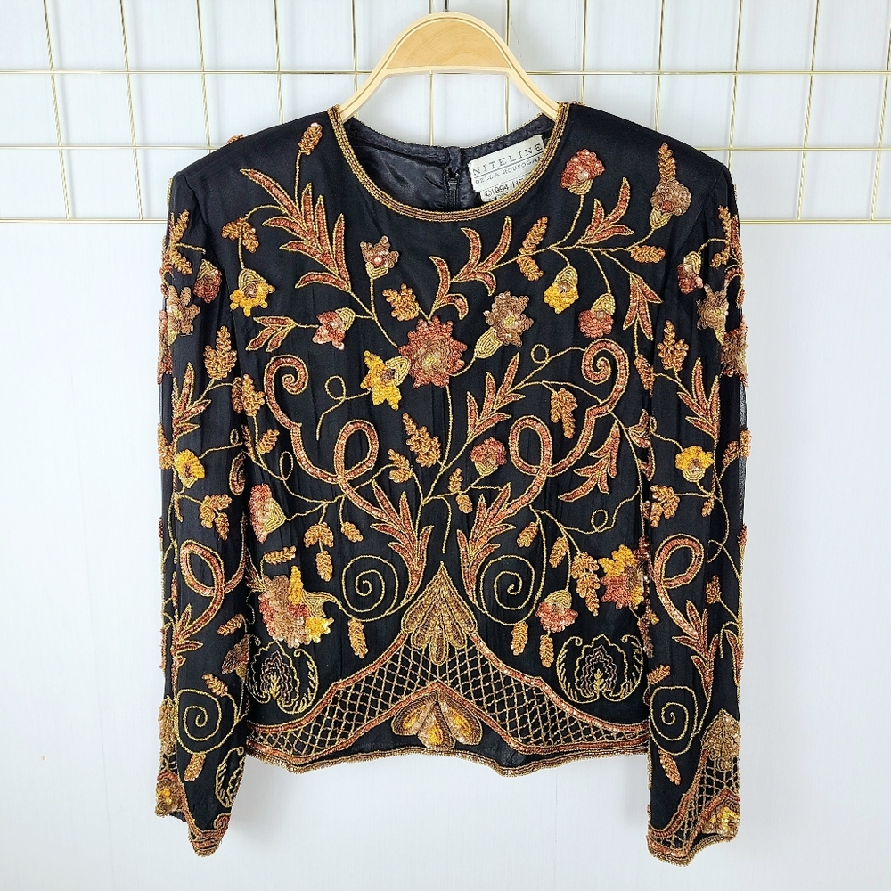 Niteline Della Roufogali He-Ro Silk Baroque Gold Sequin Beaded 1994 Vintage Top